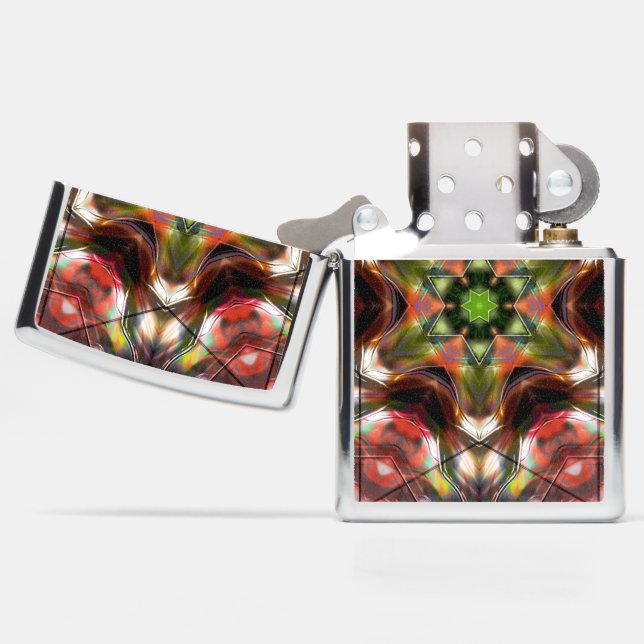 Reddish salmon star kaleidoscope in acrylic style  zippo lighter (Opened)