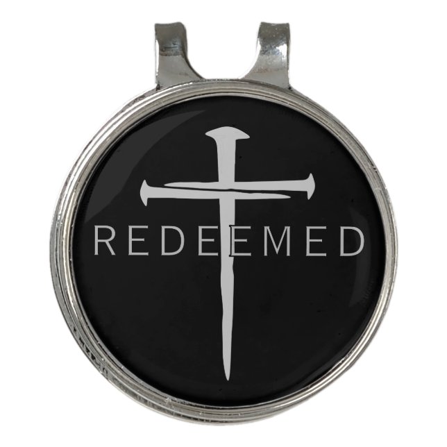 Redeemed Black Gray Nails Cross Christian Golf Hat Clip (Front)