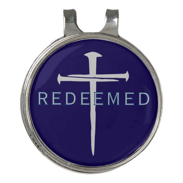 Redeemed Blue Nails Cross Christian Golf Hat Clip (Front)