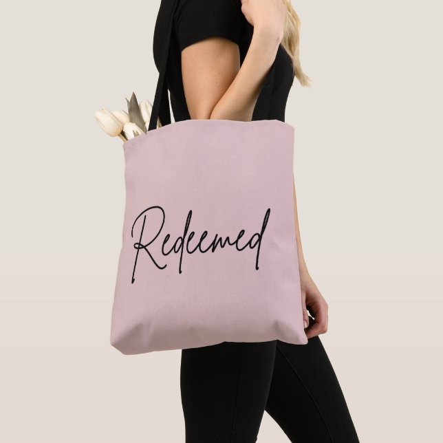 Redeemed Blush Pink and Black Christian Faith Tote Bag (Close Up)