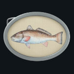 Redfish Oval Belt Buckle<br><div class="desc">This belt buckle wil be the pride and joy of the avid southern fishing enthusiast. The buckle features an artistic redfish drawn by hand on the computer on a natural tan background.</div>