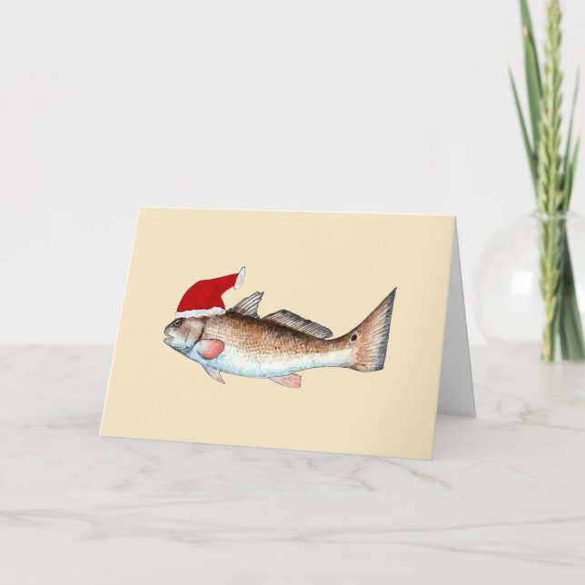Redfish Santa Hat Christmas Holiday Card (Front)