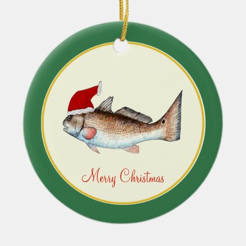 Redfish Santa Hat Christmas on Green Ceramic Ornament