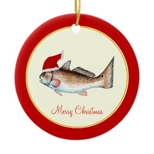Redfish Santa Hat Christmas Red Ceramic Ornament