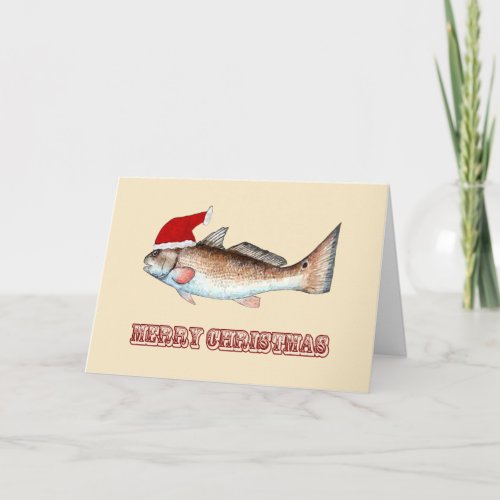 Redfish Santa Hat Merry Christmas Holiday Card