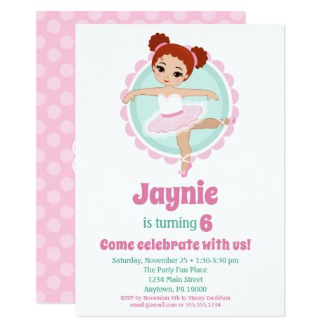Redhead Ballerina Ballet Dancing Birthday Party Invitation