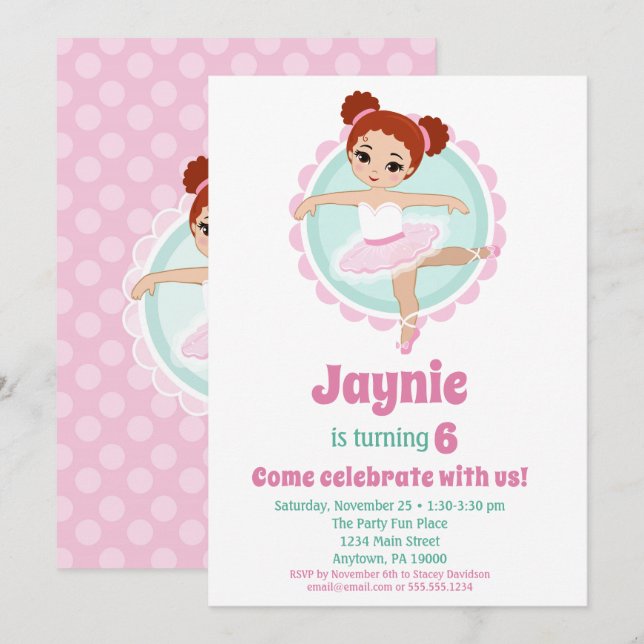 Redhead Ballerina Ballet Dancing Birthday Party Invitation (Front/Back)