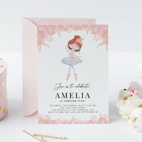 Redhead Ballerina in White Dress Floral Birthday Invitation