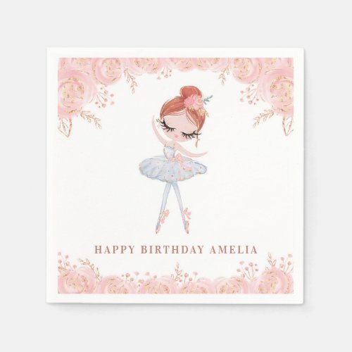 Redhead Ballerina in White Dress Floral Birthday Napkins