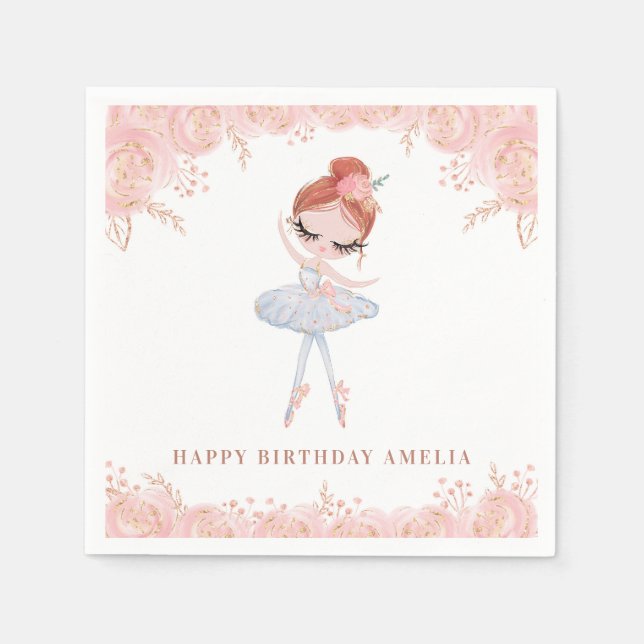 Redhead Ballerina in White Dress Floral Birthday Napkins (Front)