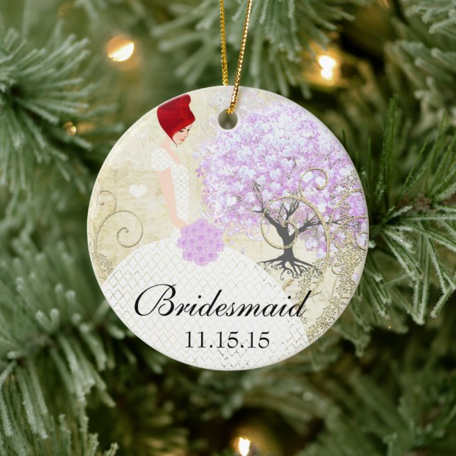 Redhead Bridesmaid Gifts Lavender Heart Leaf Tree Ceramic Ornament (Tree)
