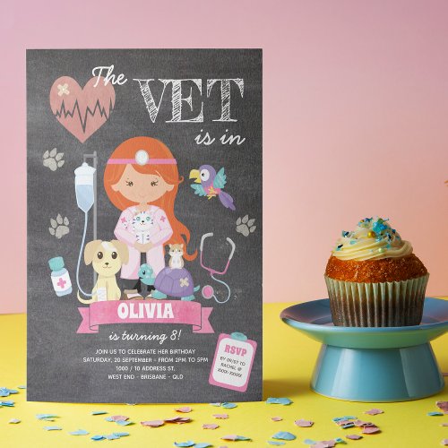 Redhead Brown Eyes Chalkboard Vet Birthday Party Invitation