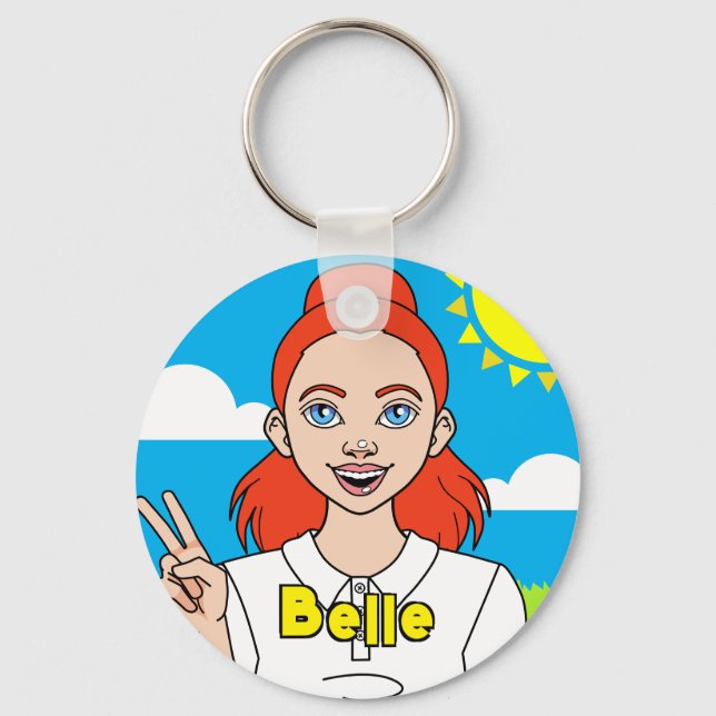 Redhead Cartoon Girl School Student Name Keychain (Front)