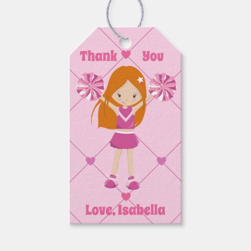 Redhead Cheerleader Girl Pink Birthday Party Gift Tags