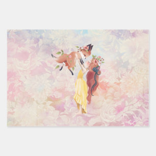 Redhead Girl And Baby Fox Illustration Vintage Wrapping Paper Sheets