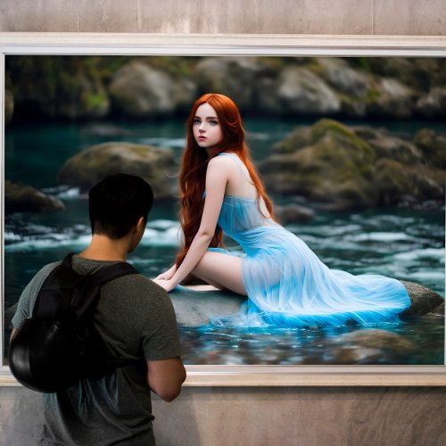 redhead girl dress blue nature water stone canvas print