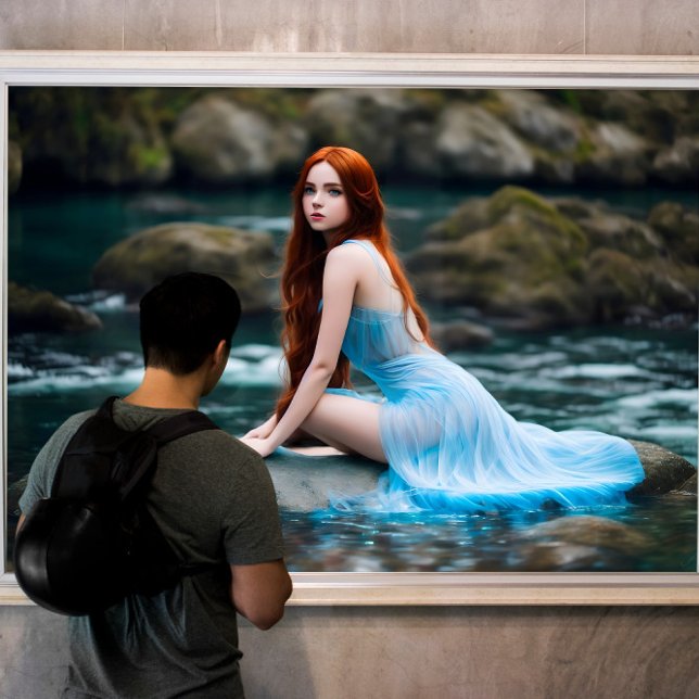 redhead girl dress blue nature water stone canvas print (Creator Uploaded)