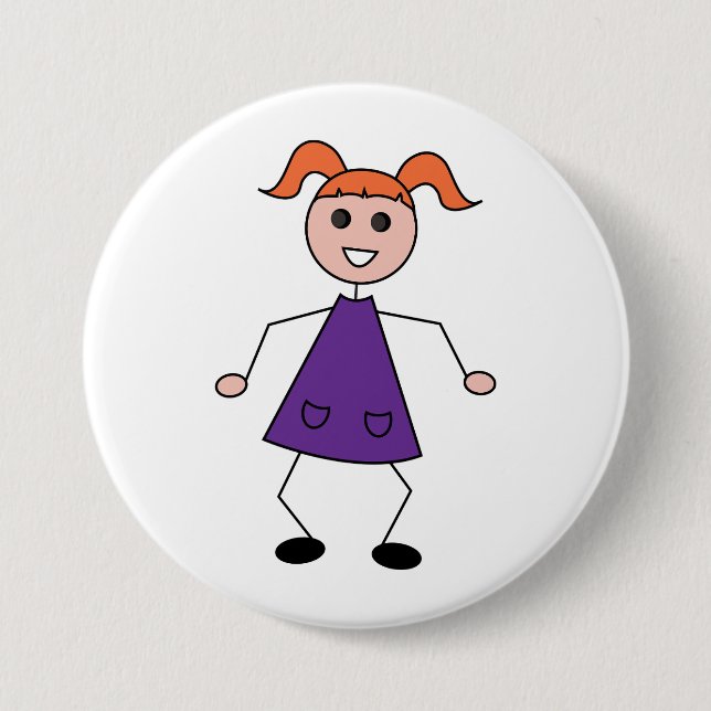 Redhead Girl Stick Figure in Purple Dress Button (Front)