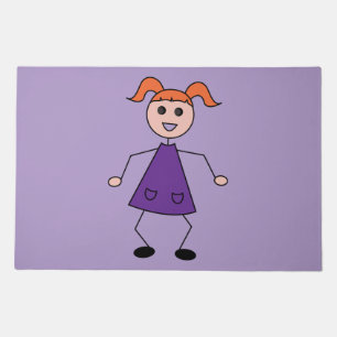 Redhead Girl Stick Figure in Purple Dress Doormat