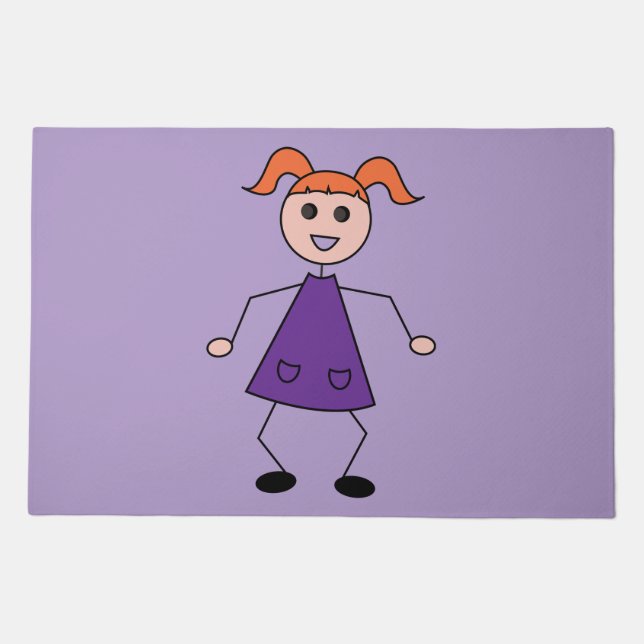 Redhead Girl Stick Figure in Purple Dress Doormat (Front)
