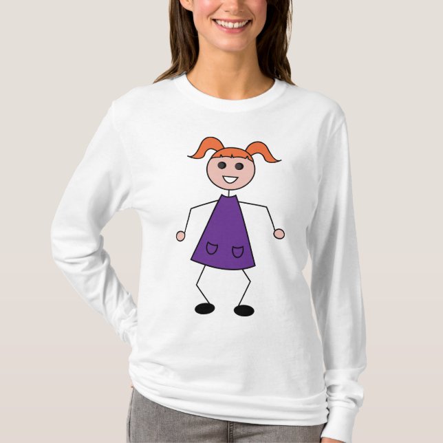 Redhead Girl Stick Figure in Purple Dress T-Shirt (Front)