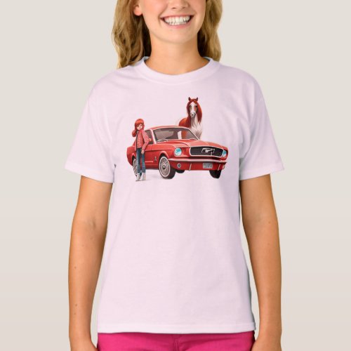 Redhead Girl With Mustang Car Horse T_Shirt