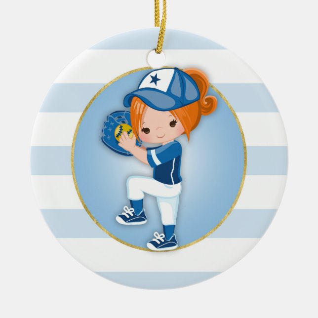 Redhead Girls Blue Softball Ceramic Ornament (Front)