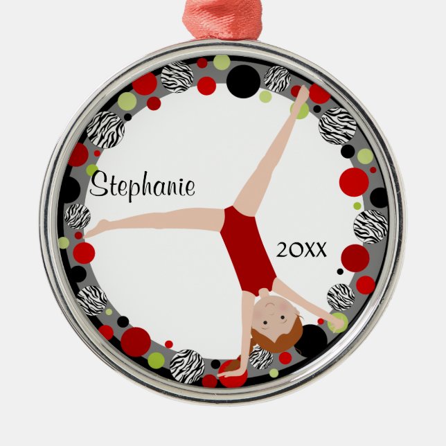 Redhead Gymnast in Red, Black & Green Personalized Metal Ornament (Front)