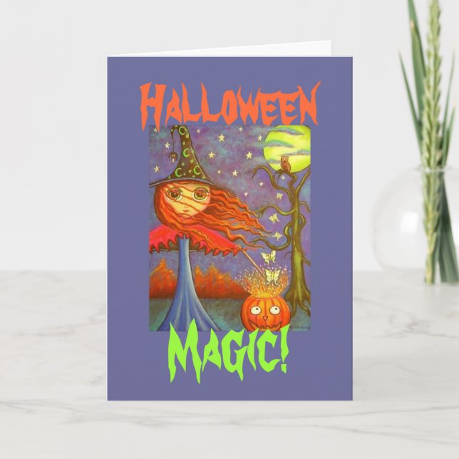 Redhead Halloween Witch Girl & Luna Moths Card (Front)