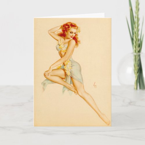 Redhead Hawaiian Costume Pin Up Card