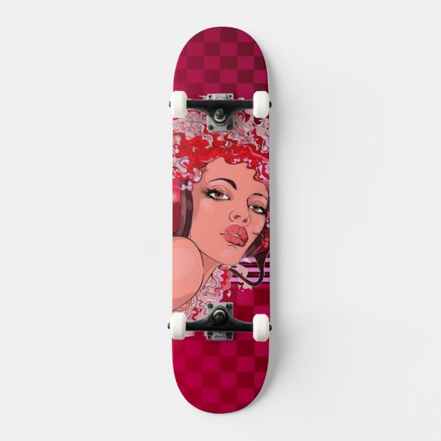 Redhead in Headphones Checkered Skateboard (Front)