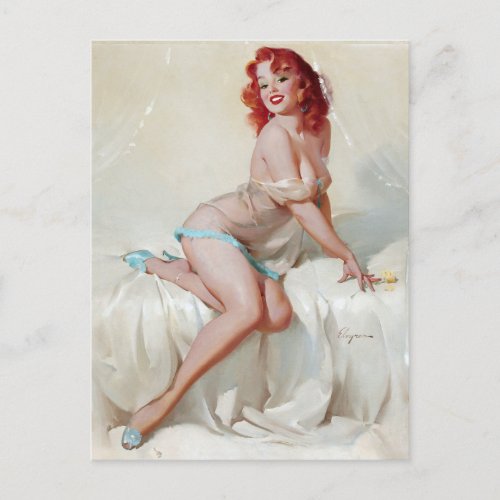 Redhead in Slippers Pin Up Postcard