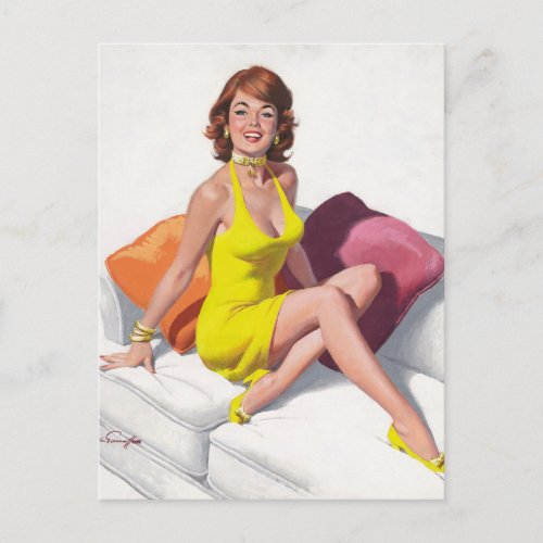 Redhead in Yellow Dress Feet on Couch Pin Up Art Postcard