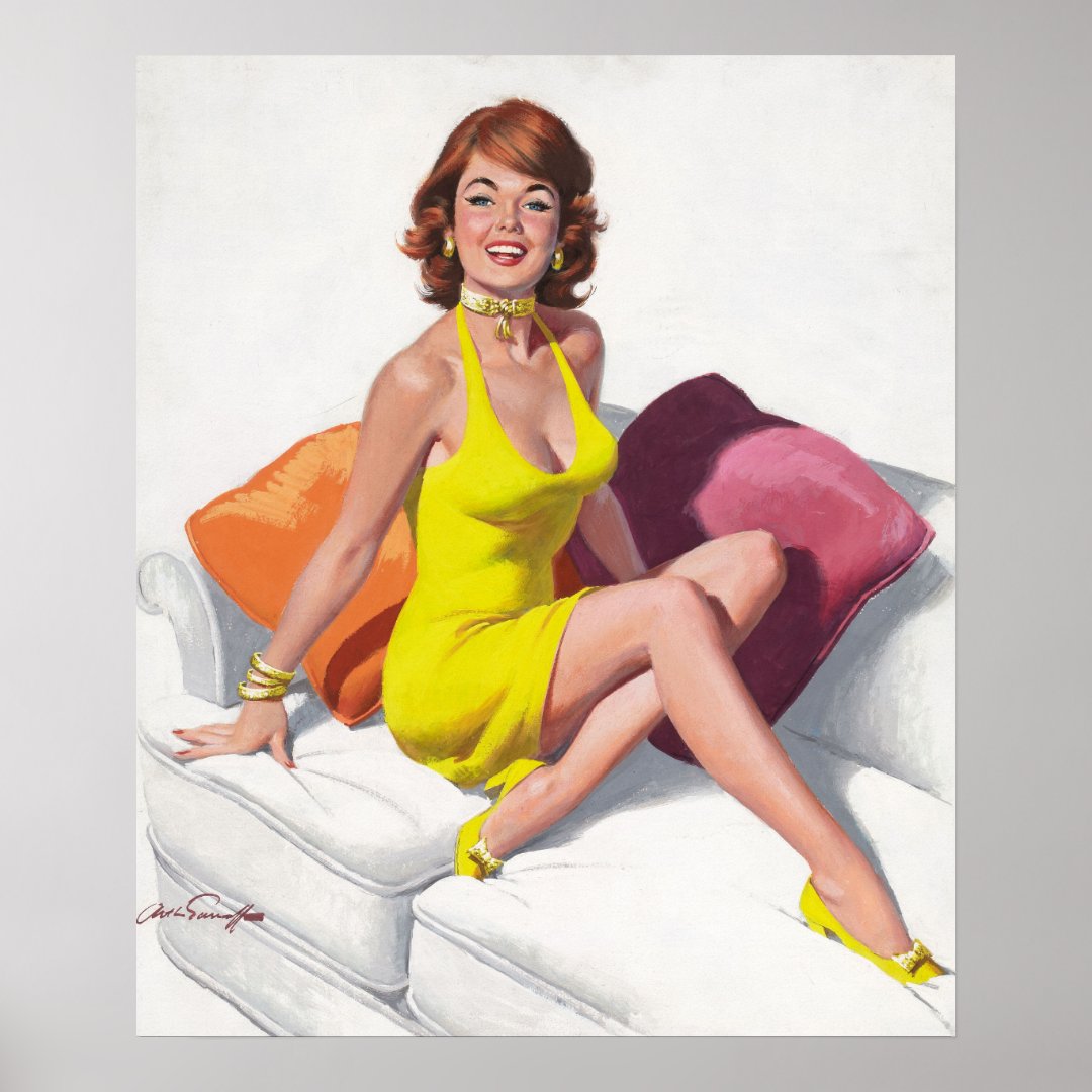 Redhead in Yellow Dress, Feet on Couch Pin Up Art Poster | Zazzle