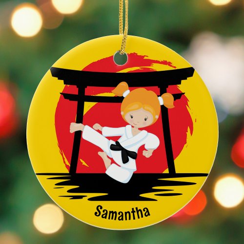 Redhead Karate Girl Custom Kids Name Christmas Ceramic Ornament