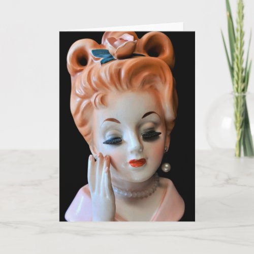Redhead Lady Head Vase Pink Rose in Hair Doll Card