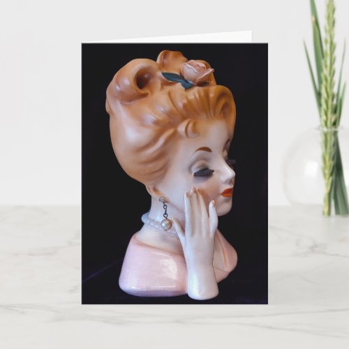 Redhead Lady Head Vase Pink Rose in Hair Doll  Card