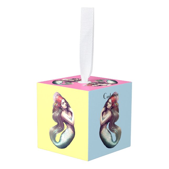 Redhead Mermaid Beauty Thunder_Cove  Cube Ornament (Front Angled)