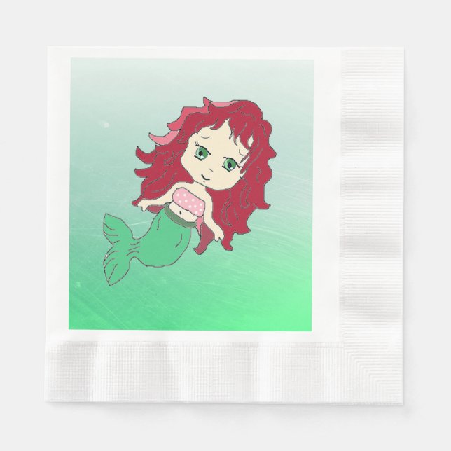 Redhead Mermaid Coral Birthday  Paper Napkins (Front)