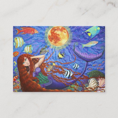 Redhead Mermaid in Corset with Moon and Fish Business Card