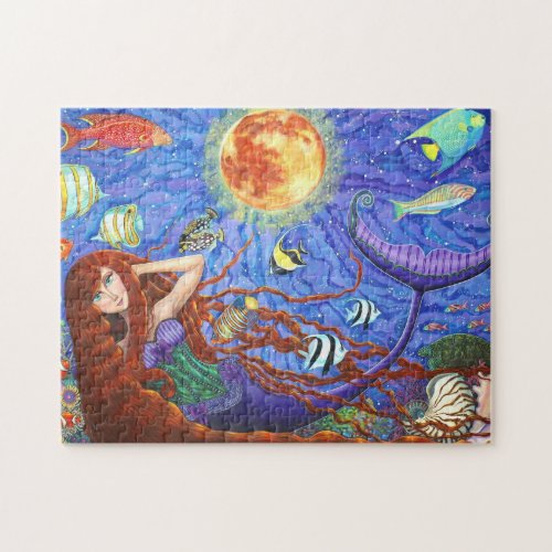 Redhead Mermaid in Corset with Moon and Fish Jigsaw Puzzle