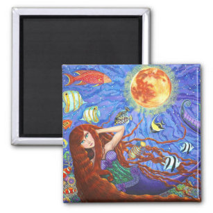 Redhead Mermaid in Corset with Moon and Fish Magnet