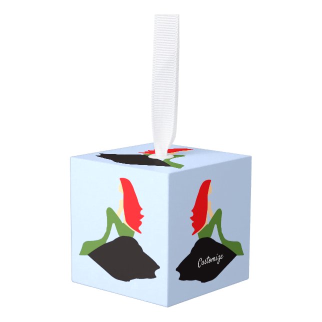 Redhead Mermaid Sitting Thunder_Cove Cube Ornament (Front Angled)