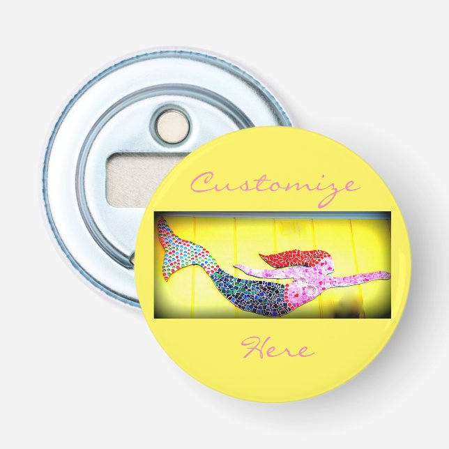 redhead mosaic mermaid yellow bottle opener (Front)