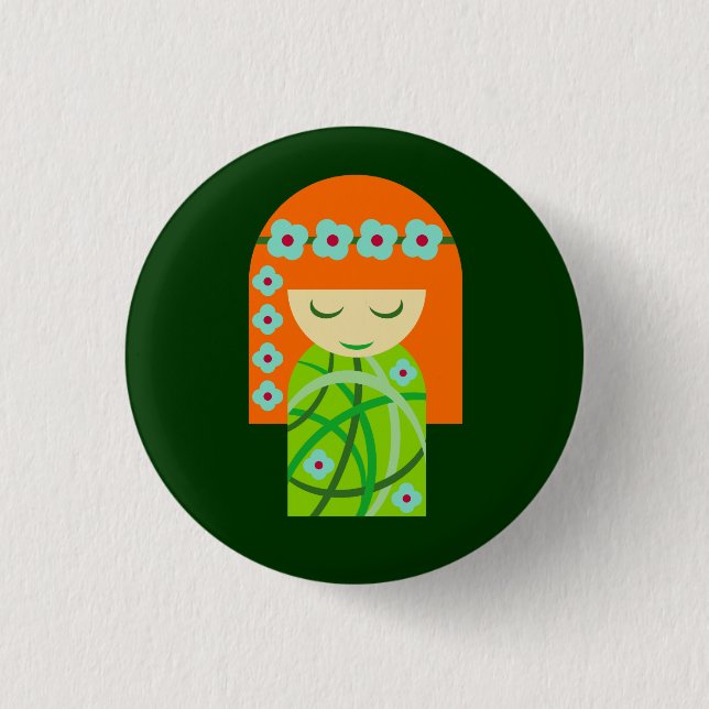 Redhead Nature Girl Wearing A Flower Crown Button (Front)