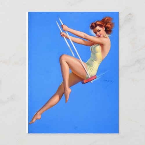 Redhead on Swing Pin Up Postcard