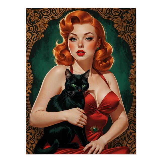 Redhead Pin-Up and Black Cat Poster (Front)