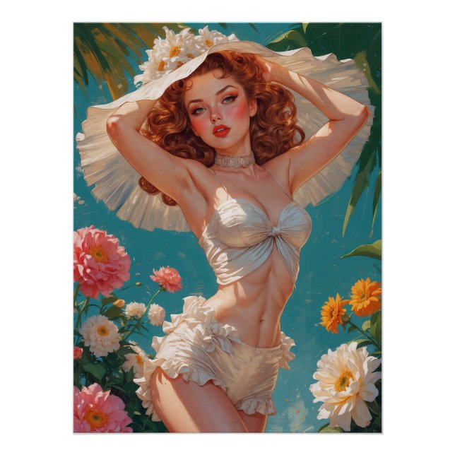 Redhead Pin-Up Daisy Hat Floral Poster (Front)