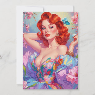 Redhead Pin-Up with Easter Egg Pink Flowers Holiday Card