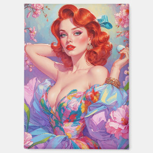 Redhead Pin-Up with Easter Egg Pink Flowers Magnet